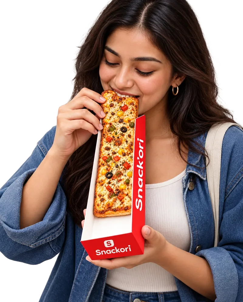 A customer enjoying Snack'ori's 10-inch rectangle pizza