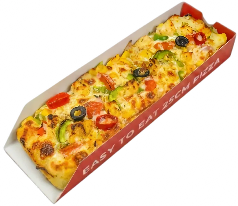 A 10-inch rectangular Snack'ori vegetable pizza in its red box